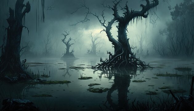 A dark, mist-shrouded swamp, dotted with twisted trees and gnarled roots. Generative AI