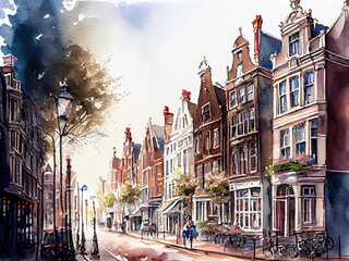 Fototapeta premium Watercolor painting of famous Amsterdam street. Generative AI