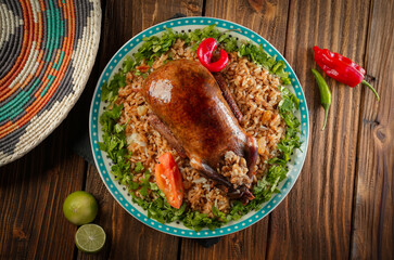 Arabic Cuisine; Egyptian traditional stuffed pigeon or "Hamam Mahshi" dish.