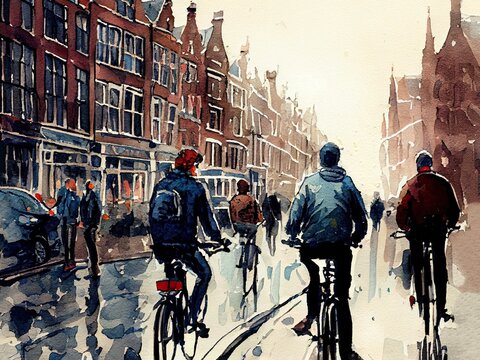 Watercolor painting of people riding bicycles on Amsterdam street, concept of cycling and urban city transportation. Generative AI