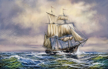 Old sailing ship in the sea. Beautiful seascape with a ship under sail, artwork, painting