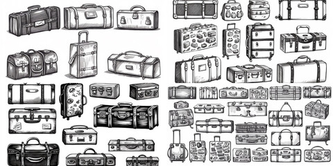 .Hand-drawn black and white sketch collection of vintage baggage. Generative AI