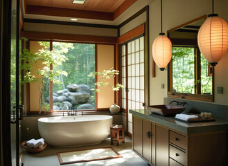 A Japanese inspired bathroom with a deep soaking tub and serene lighting, interior design - Generative AI