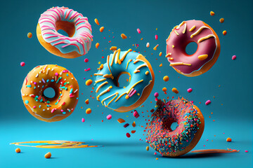 Fliegende Donuts. Mix aus bunten Donuts auf blauem Hintergrund. Generative Ai