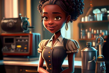 3D cartoon illustration of smiling african american female barista, standing at counter in coffee shop, taking order for cup of coffee. Generative AI