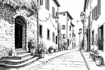 Muurstickers Italy. Street in Roma - sketch illustration for coloring book. © ZoomTeam