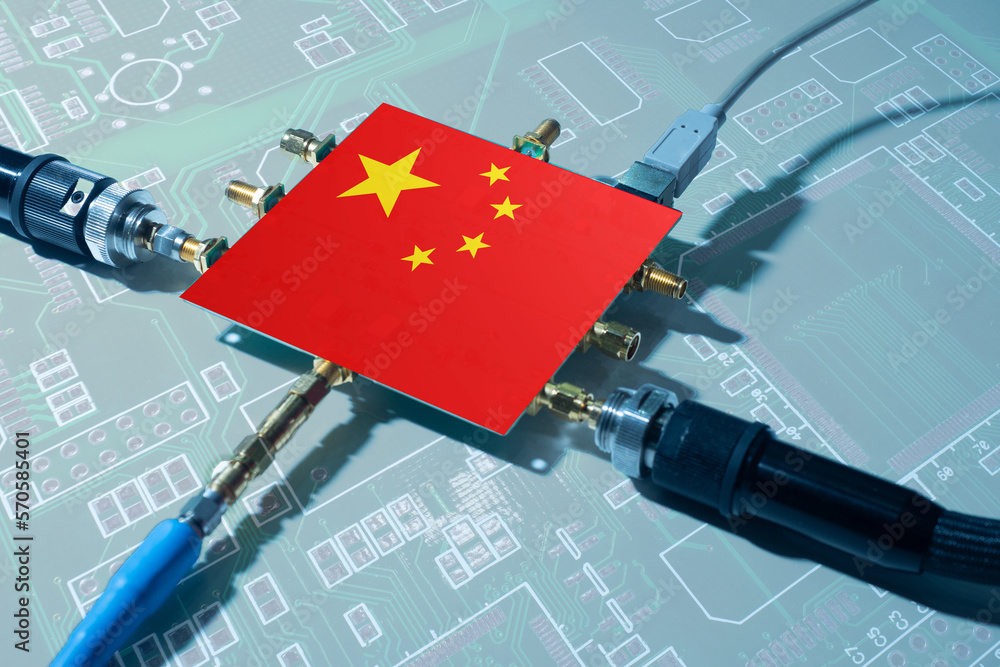 Poster computer chip with china flag. digital board is wired. chinese microchip close-up. processor manufac