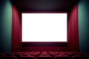 Movie theater blank screen mock up, cinema with red seats template. Generative AI