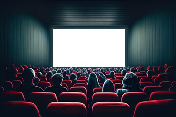 Movie theater blank screen mock up, cinema with red seats template. Generative AI - obrazy, fototapety, plakaty