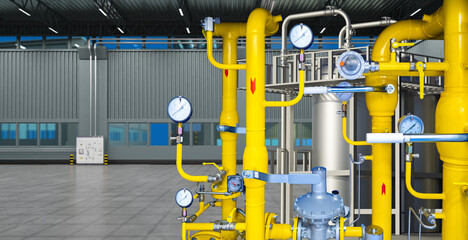 Gas equipment indoors. Compressor station in production. Steel boiler with yellow pipes and pressure gauges. Plant hangar with oil and gas equipment. Industrial equipment. 3d rendering.