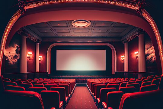 Art deco movie theater, vintage cinema with blank screen mock up. Generative AI