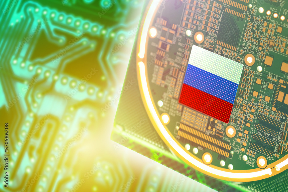 Poster microprocessor with flag of russia. manufacturing of microprocessor. high-tech industry of russia. f