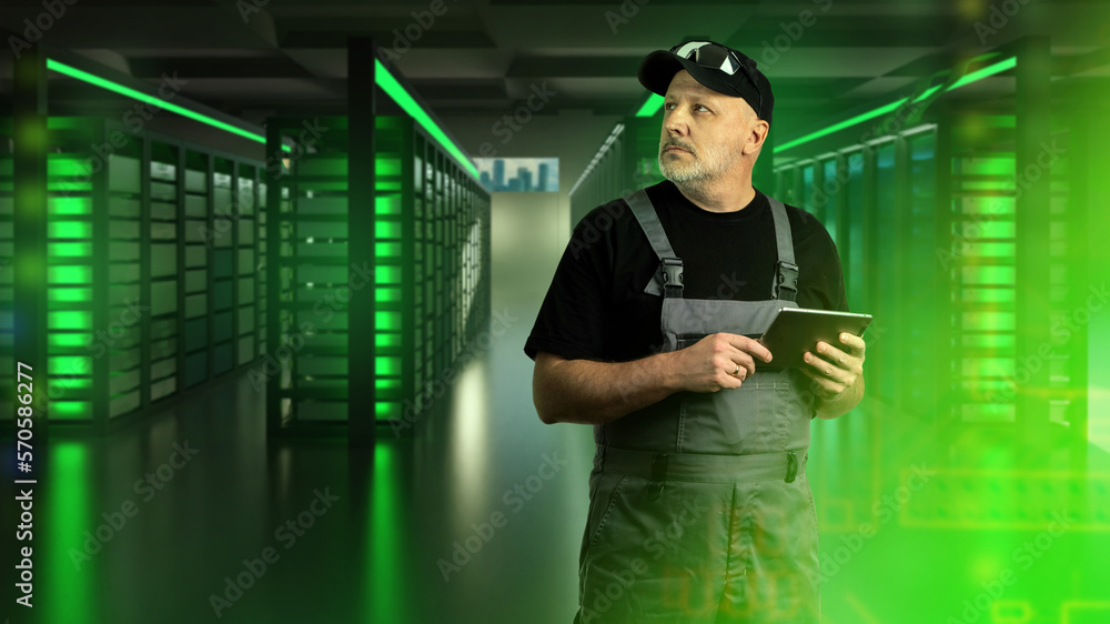 Poster man serving data center. guy with tablet in server room. man in server room. man system administrato
