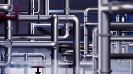 Industrial pipes. Tangled pipeline with steam. Industrial background. Steel pipes in boiler room. Industrial background for advertising. Pipes inside chemical plant or factory. 3d image. - obrazy, fototapety, plakaty