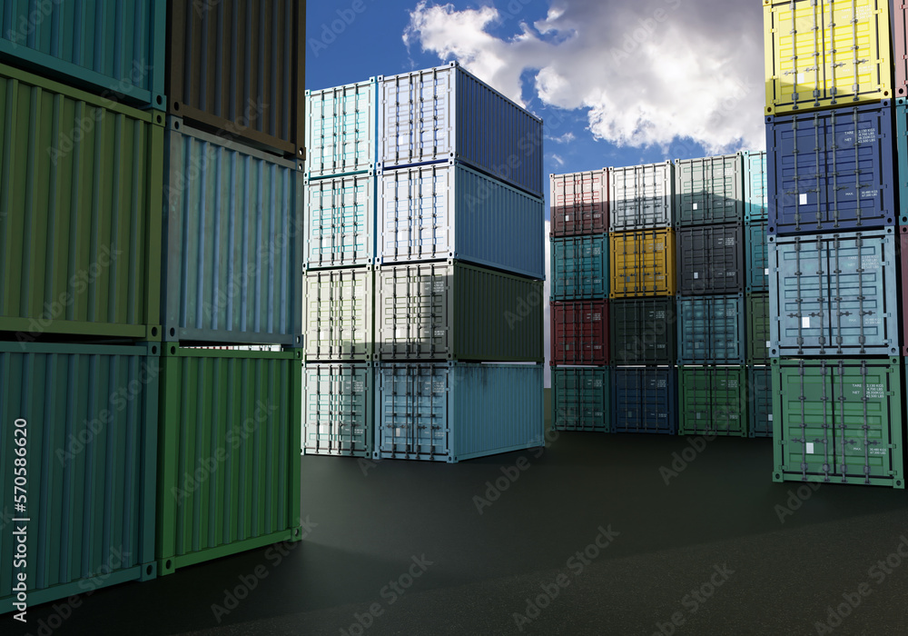 Poster warehouse of sea containers in open air. cargo containers are stored on top of each other. multi-col