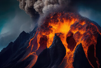 Volcanic eruption, column of smoke and ash, hot lava flowing down the mountain. Generative AI