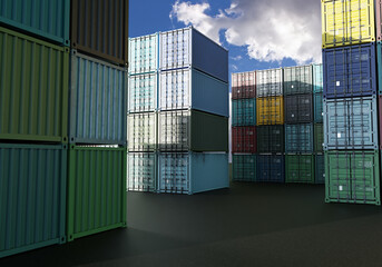 Warehouse of sea containers in open air. Cargo containers are stored on top of each other. Multi-colored cargo tare. Warehouse area with twenty foot containers. Metal tare kept outside. 3d image.