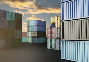Containers on territory of sea port. Twenty foot metal crates. Port warehouse of containers under open sky. Twenty foot tare brought to port on ships. Sea containers on ground. 3d rendering.