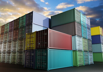 Territory for storage of cargo containers. Warehouse of twenty-foot metal boxes. Overloaded container warehouse concept. Lack of space for goods in warehouse. Storage area near sea harbor. 3d image.