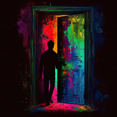 Man in Door to Another Dimension, Neon Colors, Generative AI