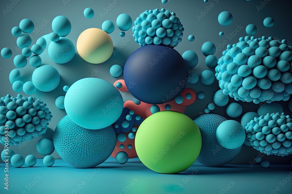 Poster Blue backdrop with a cluster of bright balls arranged in a circular pattern. Generative AI