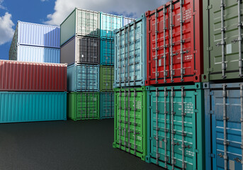 Multi-colored cargo containers on pavement. Warehouse area in open air. Warehouse container logistics. Sale containers for logistics business concept. Tare on territory warehouse enterprise. 3d image