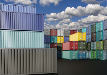 Fototapeta premium Warehouse of cargo ship port. Containers for transportation on sea vessels. Multi-tier storage of ship containers. Infrastructure for seaport. 20th foot containers under summer sky. 3d rendering.