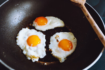 fried eggs in a frying pan