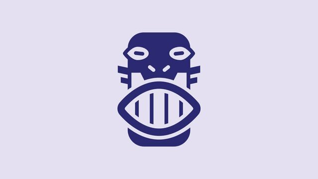 Blue Mexican mayan or aztec mask icon isolated on purple background. 4K Video motion graphic animation