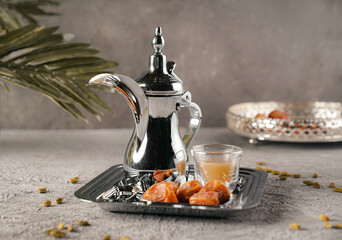 dallah is a metal pot with a long spout designed specifically for making Arabic coffee, Saudi...