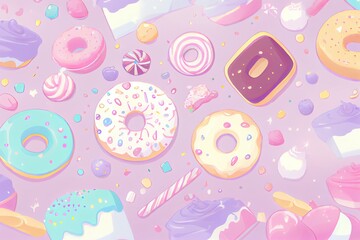 Flat illustration of set of colorful cupcakes and candies. Generative AI