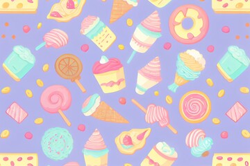 Flat illustration of set of colorful cupcakes and candies. Generative AI
