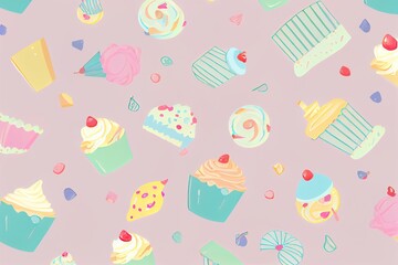 Flat illustration of set of colorful cupcakes and candies. Generative AI