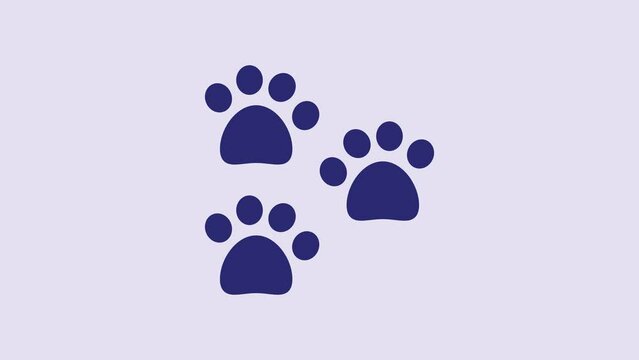 Blue Paw print icon isolated on purple background. Dog or cat paw print. Animal track. 4K Video motion graphic animation