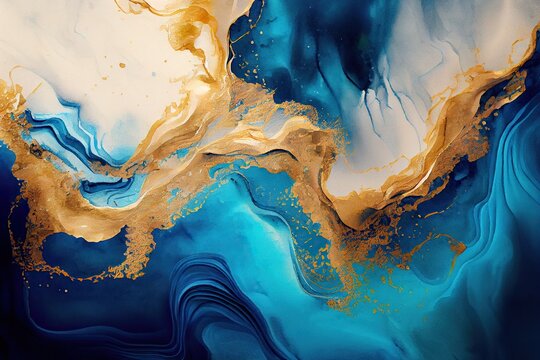 Abstract fluid art painting with alcohol ink technique, blue and gold, luxury background. Generative AI