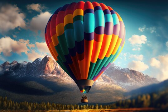 Colour illustration of a balloon on a scenic flight during sunset. AI generative