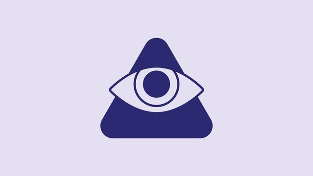Blue Masons symbol All-seeing eye of God icon isolated on purple background. The eye of Providence in the triangle. 4K Video motion graphic animation