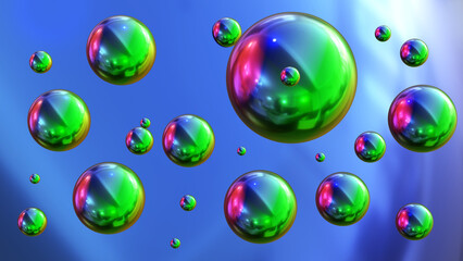 Shiny colored balls abstract background, 3d green metallic glossy spheres