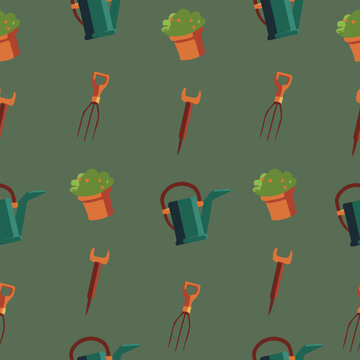 Spring concept. Seamless pattern of set of gardening tools.