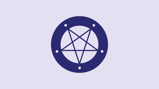 Blue Pentagram in a circle icon isolated on purple background. Magic occult star symbol. 4K Video motion graphic animation