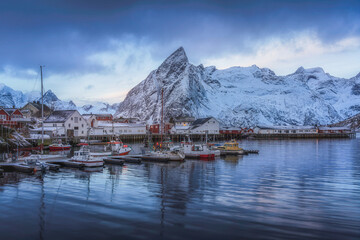 Natural landscapes in winter at dusk in Reine village, one of the most popular village in Lofoten Islands, Norway