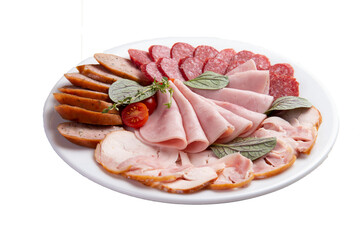 Meat delicacies in a plate. Transparent.