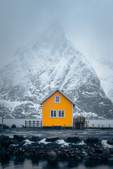 Natural landscapes in winter at dusk in Reine village, one of the most popular village in Lofoten Islands, Norway