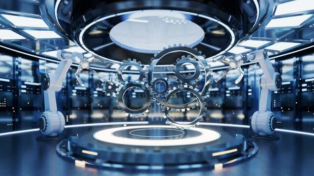 Mechanical arm and gears, intelligent manufacturing concept, 3d rendering.