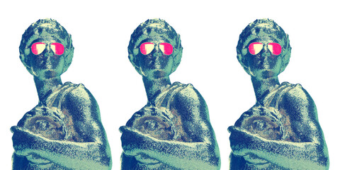 3d render three metal statues green shiny in glasses