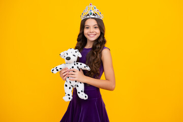 Girls party, funny kid in crown. Child queen wear diadem tiara. Cute little princess portrait....