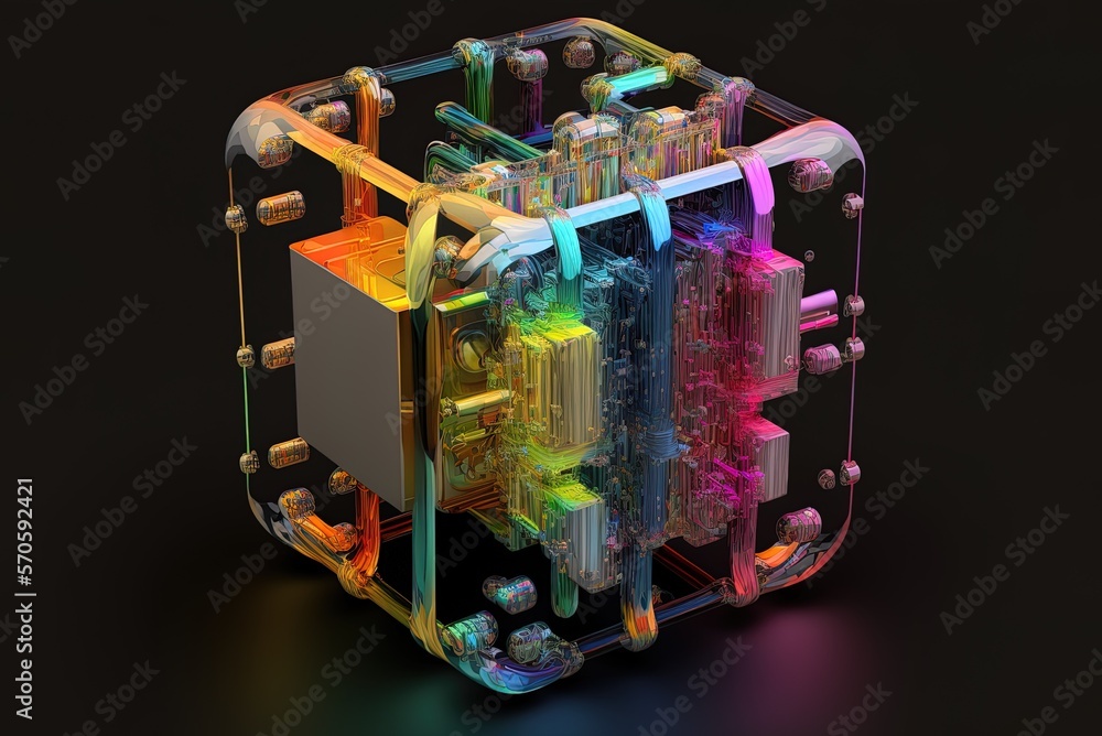 Poster cube of iridescence with rainbow-colored tubes that link various electronic parts generative ai
