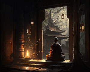 Monk in the lotus position in the temple. Generative AI.