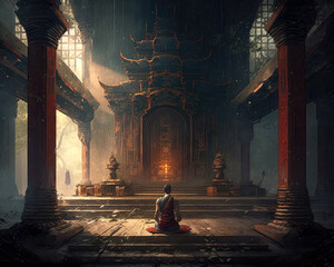 Monk in the lotus position in the temple. Generative AI.