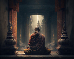 Monk in the lotus position in the temple. Generative AI. - obrazy, fototapety, plakaty